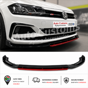 VW Polo 8 Modified with a Polo aw Kerscher Front Lip With Red Detail. This Polo 8 Lip is suitable for TSI / GTI / R-Line / 1.0 / 2.0 and Polo Life Models.