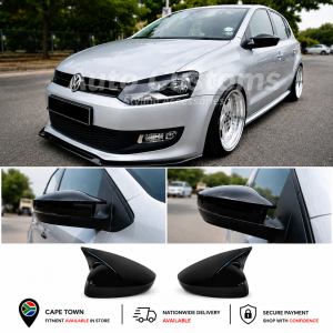 VW Polo 6 Mirror Covers. These are Wing styled mirrors covers for Volkswagen polo. They stick onto existing VW Polo 6 Mirror Covers.