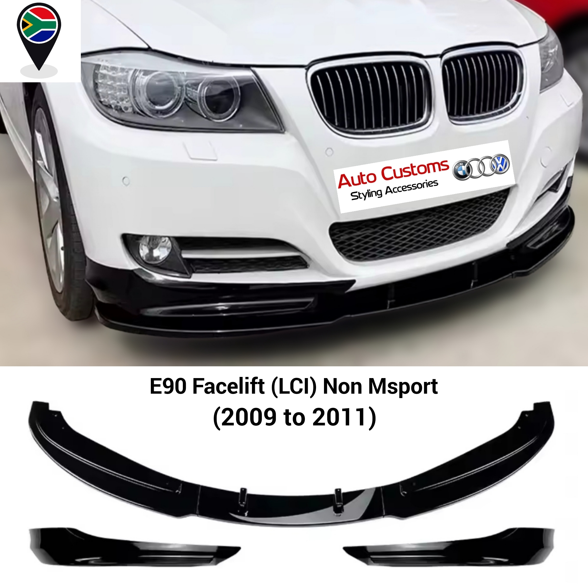 BMW E90 Facelift LCI non M Sport front lip with splitters gloss black ABS 2009 to 2011