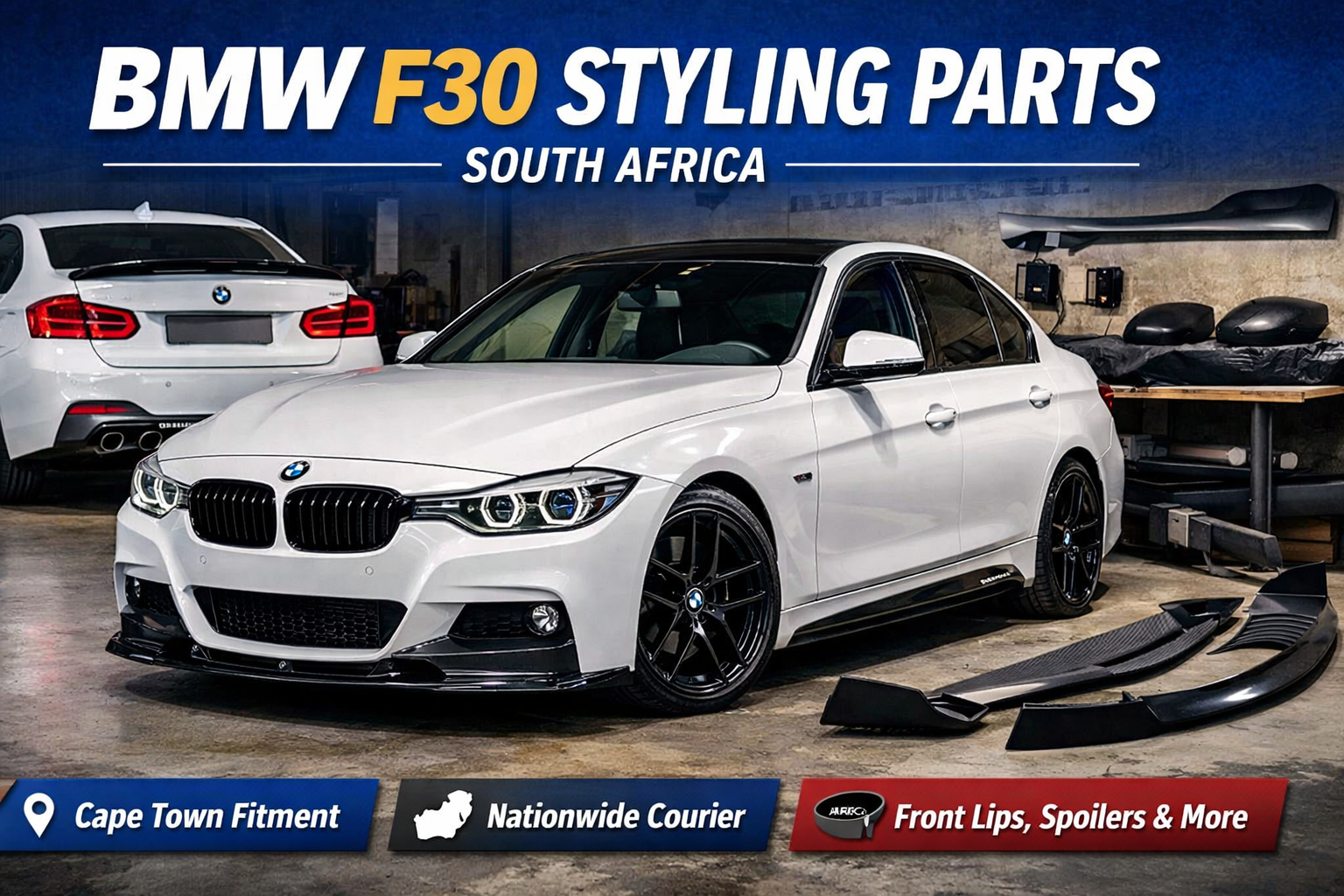 BMW F30 styling parts South Africa with front lip, rear spoiler and exterior upgrades