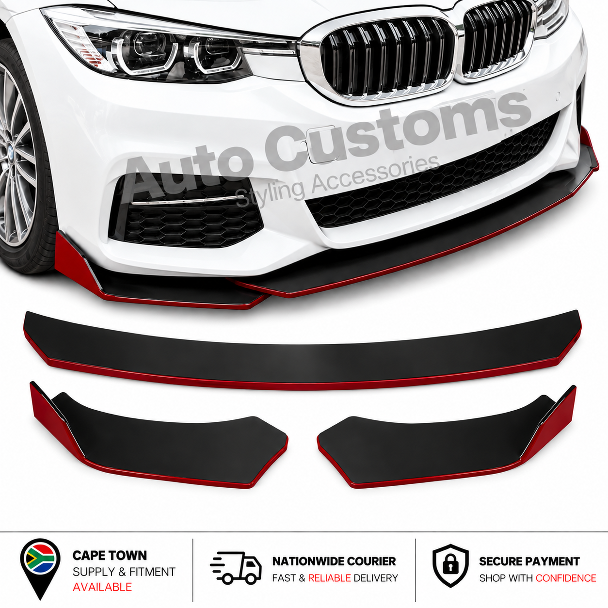 Universal 3-piece front bumper lip with red detail styling accessory